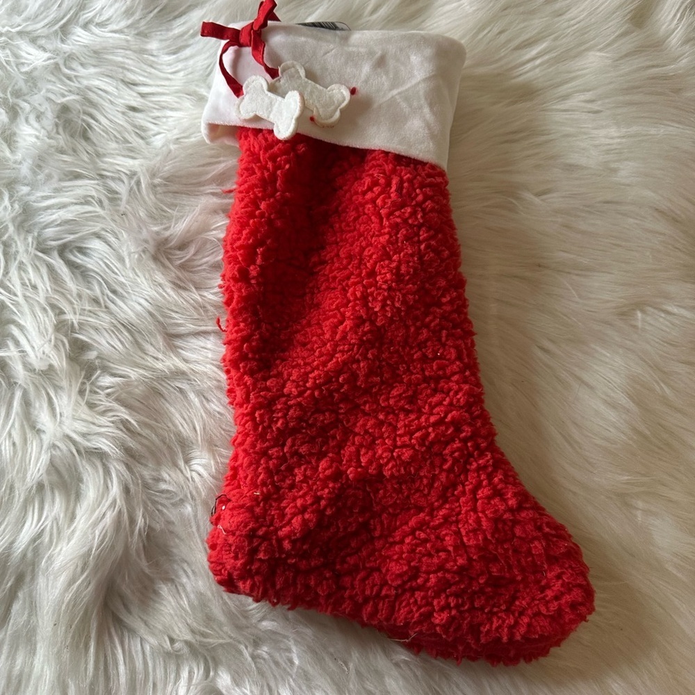 🩷5/$10 Red Fuzzy Pet Christmas Stocking with Bone Accent